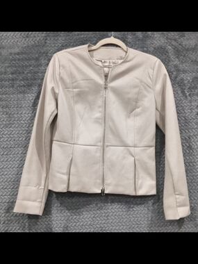 Tahari Ivory Collarless Zip Bomber Jacket